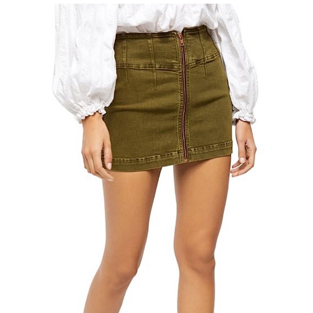 Free People We The Free Green Zipper Front Denim Mini Skirt NWOT size 27